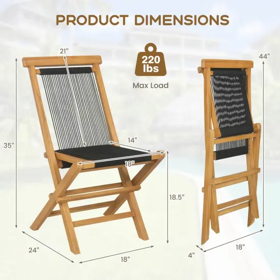 Costway 2/4 PCS Patio Folding Chairs with Woven Rope Seat & Back Indonesia Teak Wood for Porch Natural&Black {9}