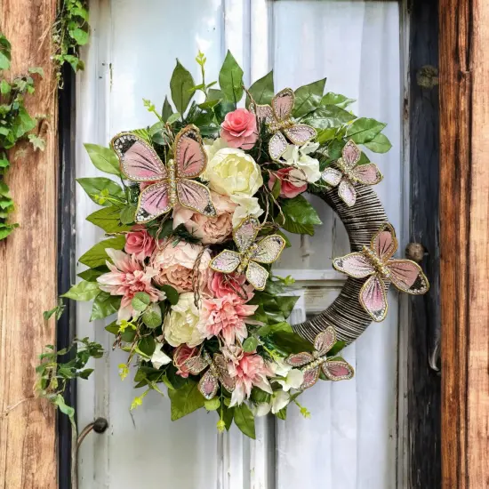 Blushing Butterfly Meadow Wreath 23" - Handmade Wedding, Spring & Easter Decor, Christmas gift - Holiday Tree {4}