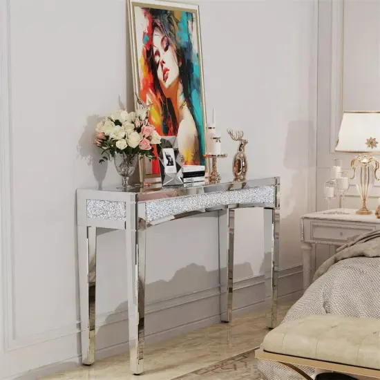 Heavy Duty Mirrored Console Table Diamond Vanity Dresser Desk Silver Glass Shelf {3}