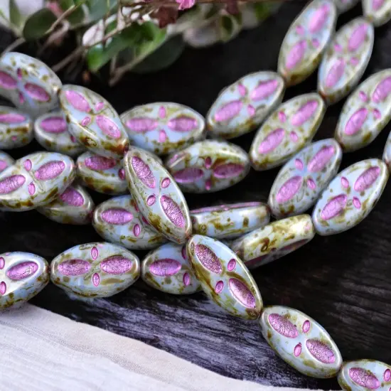 *8* 20x9mm Metallic Pink Washed Blue Opaline Picasso Marquise Oval Beads {3}