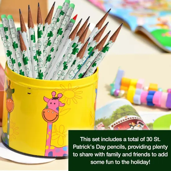 4E's Novelty St. Patrick's Day Pencils, 30 Pack, Bulk Wooden Green & White Shamrock Pencils for Kids Pencils for Kids, Classroom Party Favors Supplies Gifts {2}