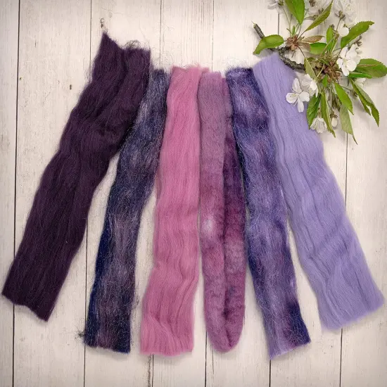 Multi Fiber Sampler - Super soft merino roving, hand dyed BFL wool & sparkling Firestar for felting, spinning, doll making Purple {1}