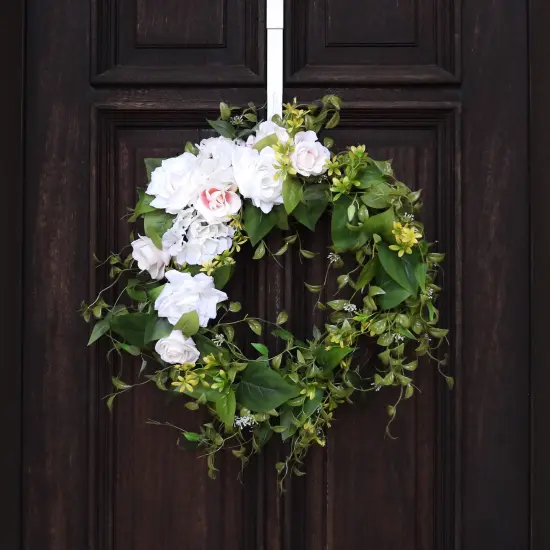 Haute Decor Pink and White Rose and Hydrangea Floral and Greenery Wreath with Natural Grapevine Base for Spring, Summer Door Decor - 24 inch Diameter {4}