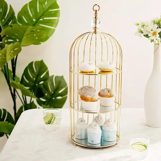 22-Inch Gold 3 Tier Metal Mirror Glass Hanging Bird Cage CUPCAKE STAND Party {4}