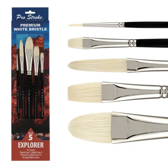 Creative Mark Pro Stroke Premium White Chungking Hog Bristle Artist Paint Brush - Explorer Set of 5 - Natural Bristle Brush w/ Soft Touch Handle for Oils, Watercolors, Acrylics, Alkyds, Caseins {1}