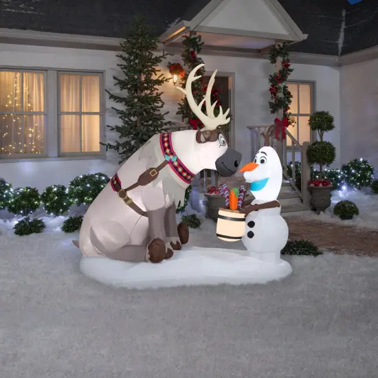 7' Gemmy Airblown Disney's Frozen Olaf and Sven w/ Cup of Candy Canes Yard Decoration 882556-33829 {2}