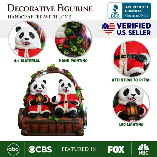 Nostalgic Panda Duo Festive Lighted Figurine, 6" LED Christmas Bear Statue {2}