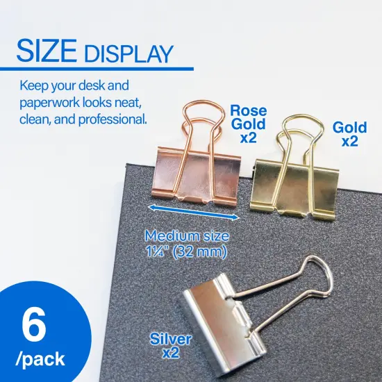 BAZIC Medium 1 1/4" (32mm) Assorted Color Metallic Binder Clip (6/Pack) {2}
