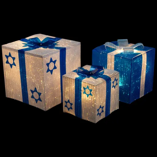 Northlight 3pc White and Blue Shimmering Lighted Hanukkah Gift Box 12" {4}