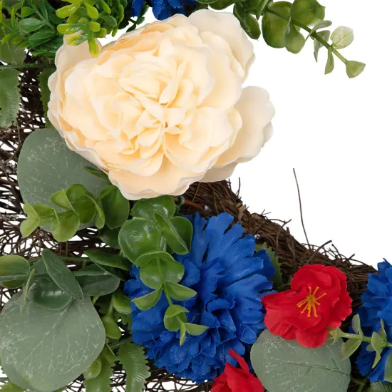Northlight Americana Mixed Foliage and Florals Artificial Patriotic Wreath - 24"- Unlit Red {6}