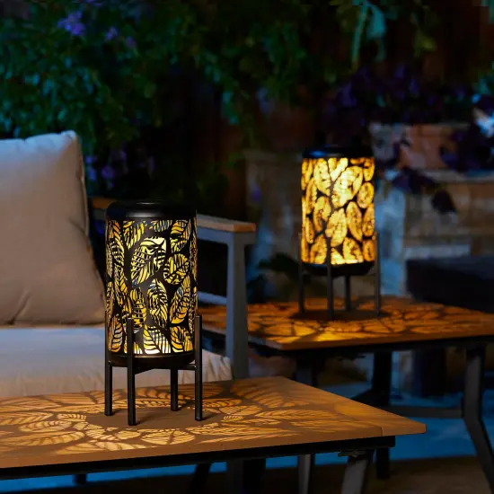 Set of 2 14.25"H Metal Cutout Leaves Pattern Solar Powered LED Outdoor Lantern with Stand 2pcs White {7}
