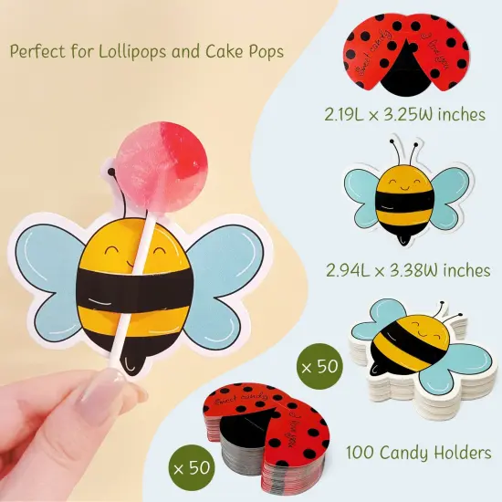 Wrapables Birthday Lollipop Paper Card Candy Holders, Party Supplies, Decorations, Party Favors (100pcs), Ladybugs and Bees {2}