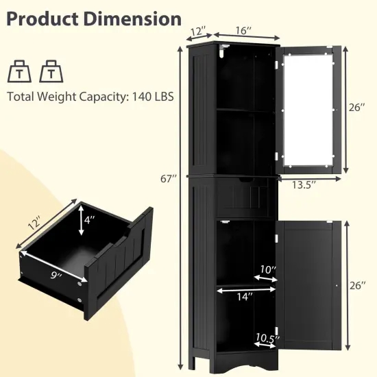 Costway Bathroom Tall Cabinet Freestanding Linen Tower with Doors & Drawer Black/Grey/White {3}