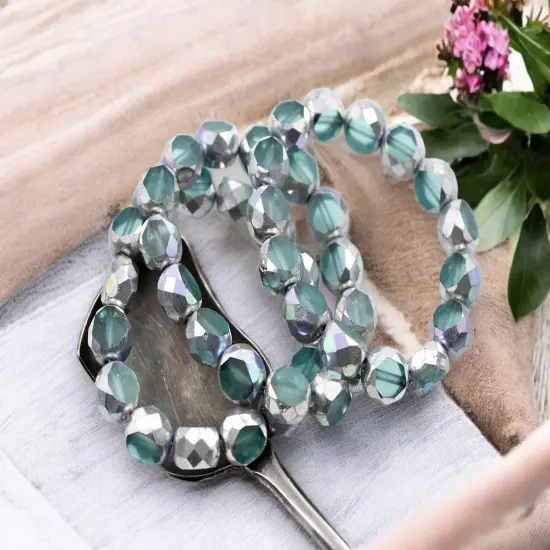 *15* 8mm Silver Washed Aqua 2 Cut Fire Polished Round Beads {2}