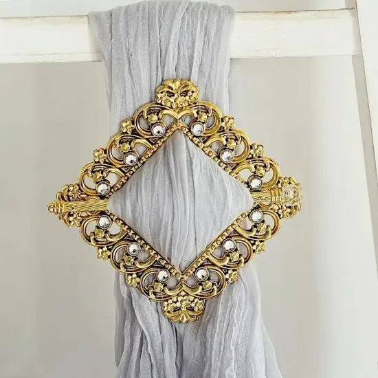 2 Gold 6" Square Plastic CURTAIN TIE Backs Baroque Design Acrylic Crystals Party {3}