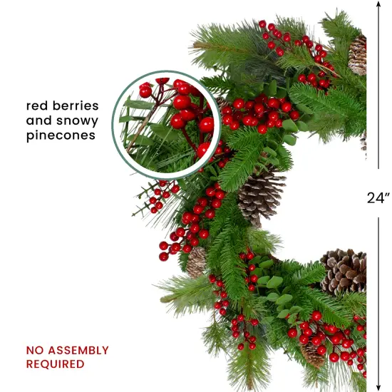 Northlight Holly Berries and Snowy Pinecones Artificial Christmas Wreath - 24" - Unlit Green {6}