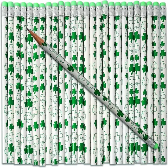 4E's Novelty St. Patrick's Day Pencils, 30 Pack, Bulk Wooden Green & White Shamrock Pencils for Kids Pencils for Kids, Classroom Party Favors Supplies Gifts {1}