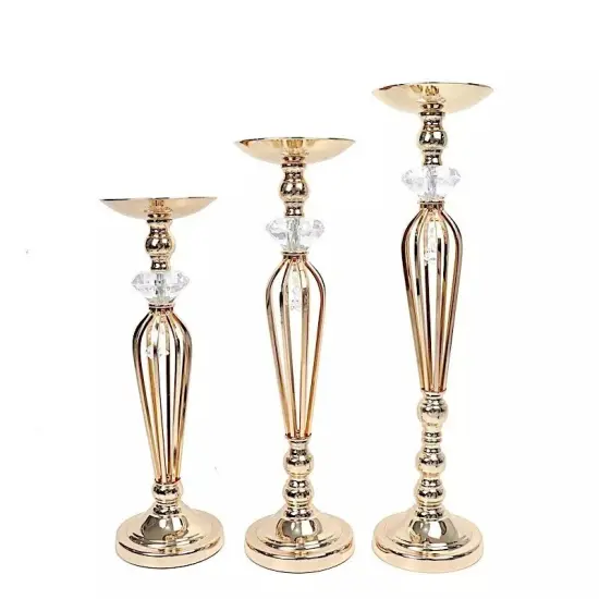 3 Gold Metal Crystals Pillar CANDLE HOLDERS Flower Ball Pedestal Stands Party {1}