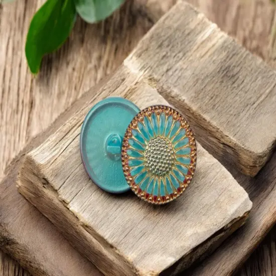 32mm Round Sunflower Aqua Blue Coral Red Rim with Gold Wash and Platinum Paint {1}