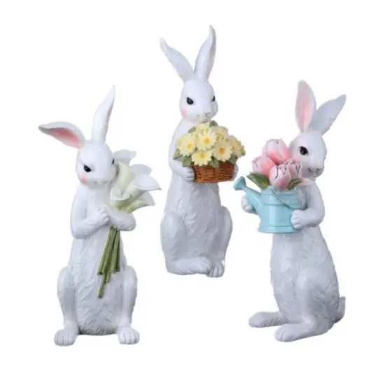11.5" Handcrafted Spring Bunny Figurine Set – White Rabbits with Flowers {1}