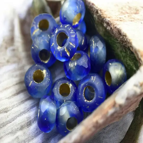 *25* 5x8mm Gold Lined Matte Sapphire Faceted Large Hole Rondelle Roller Beads {3}