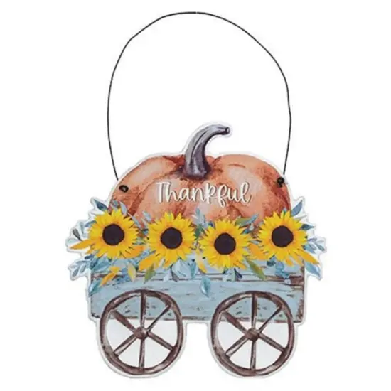 7"x7" Farmhouse Wooden Fall Wall Sign with Thankful Pumpkin and Sunflowers Wagon for Hanging Decor {1}