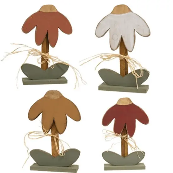 Wood Drooping Daisy Figurines Set with Raffia Bows, Rustic Decor 4 Asstd. {1}