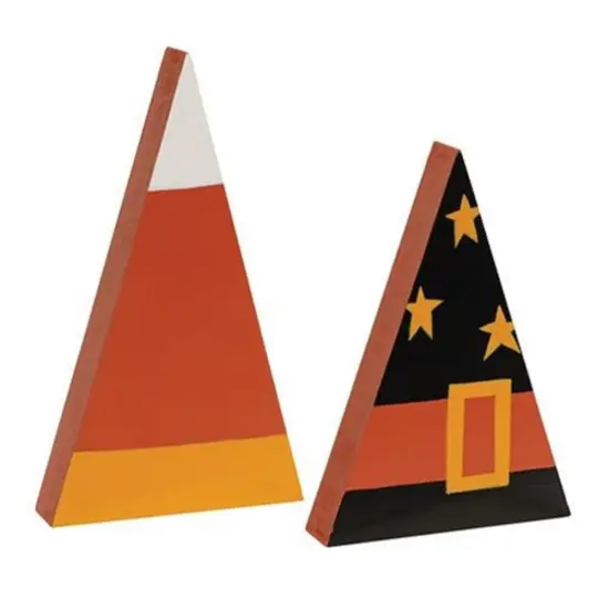 Hand-Painted Wooden Halloween Sitters Set-2 &ndash; Candy Corn & Witch Hat Chunky Fall D&eacute;cor {1}