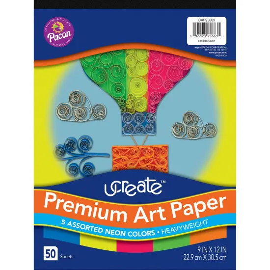 Premium Neon Art Paper Pad, 5 Assorted Colors, 9" x 12", 50 Sheets {1}