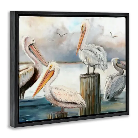 Stupell Industries Pelicans Perched Cloudy Horizon Framed Floater Canvas Wall Art Black Floater Frame {3}