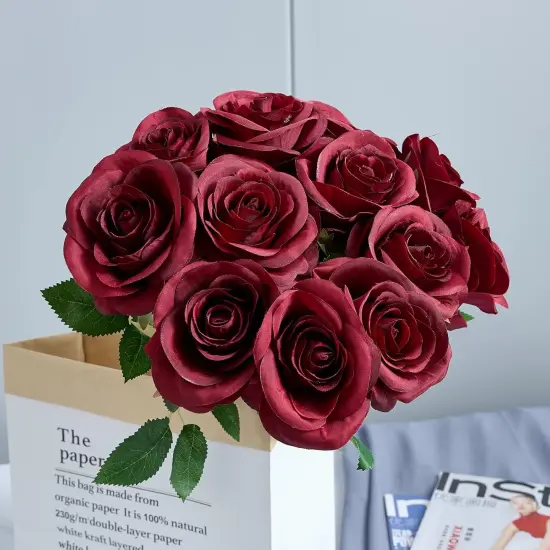 12pcs Roses Artificial Flowers Fake Roses Burgundy Silk Roses Wine Red Silk Flowers Rose with Long Stems {2}