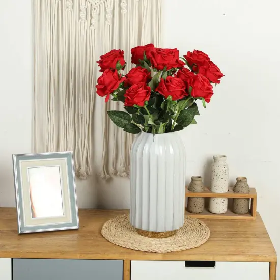 12 Pcs Red Roses Artificial Flowers Bouquet with Stems (Red) {5}