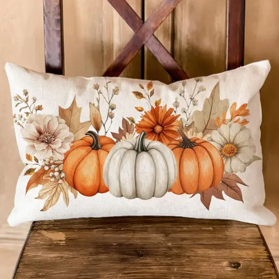 Fall Pillow Cover 12x20 inch Pumpkins Autumn Leaves Throw Pillow Cushion Case (Orange Beige Brown) {4}