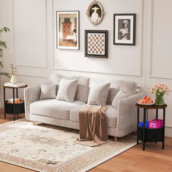 Round End Table 2-Tier Side Table with Removable Fabric Basket and Metal Frame-Rustic Brown {6}