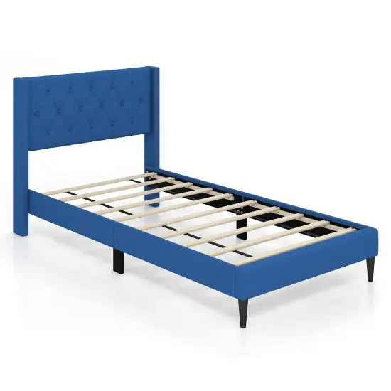 Twin Size Upholstered Platform Bed with Button Tufted Wingback Headboard and Adjustable Foot Pads Blue {7}