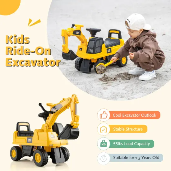 Yellow Plastic Licensed Caterpillar Kids Ride-On Digger with Adjustable Arm and Realistic Controls {6}