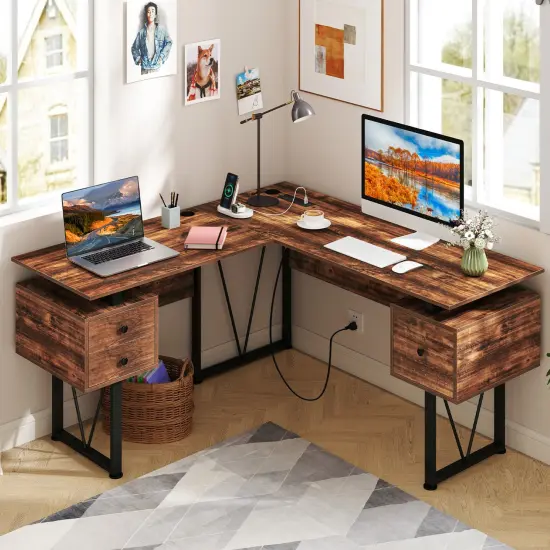 Rustic Brown L-shaped Computer Desk with Power Outlets and 3 Storage Drawers {2}