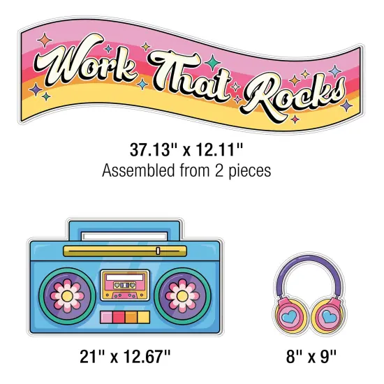 Happily Ever Elementary Retro Remix 79-Piece Work That Rocks Motivational Bulletin Board Set, Boombox, Cassette Tapes, Headphone, Flowers and More Groovy Bulletin Board Decorations for Classroom Decor {3}
