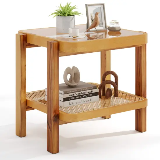 Rattan 2-Tier End Side Table with Tempered Glass Top Acacia Wood Legs-Natural {4}