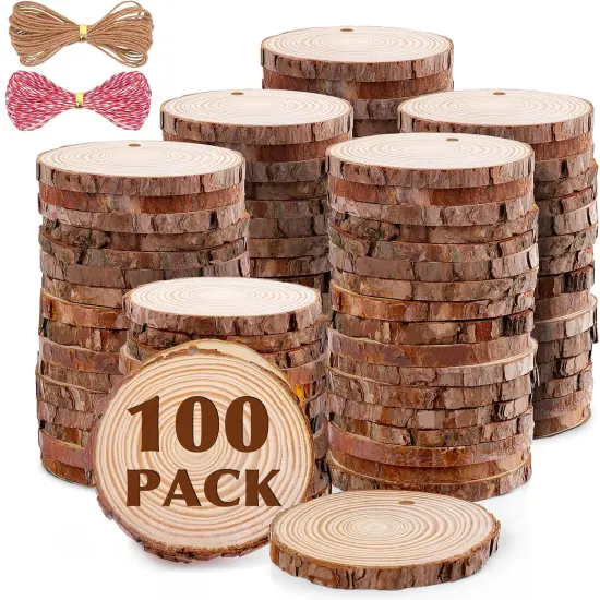 100 Pack Nature Wood Slices for Crafts,2.4-2.8In Unfinished Natural Wood Rounds.Wood Circles Predrilled with Hole and 20m Rope for Wooden Craft Supplies,Painting,Christmas Ornaments,DIY Gifts {1}
