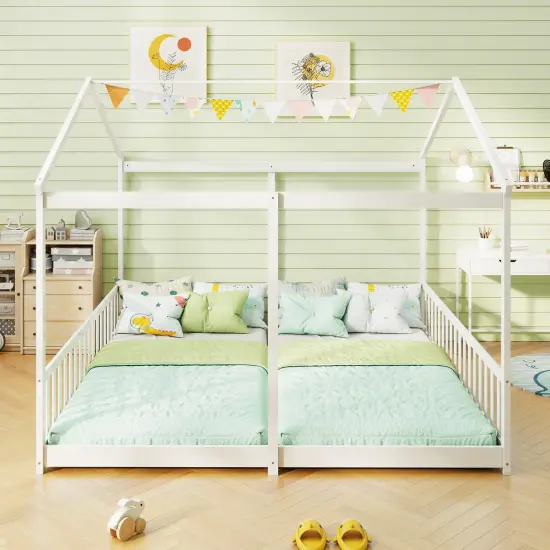 Double Floor Bed for Twins House Beds with Safety Guardrails for 2 Kids-White {6}