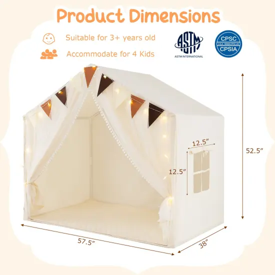 Fabric Large Toddler Playhouse Tent with Door, Curtains, and Windows Beige {5}