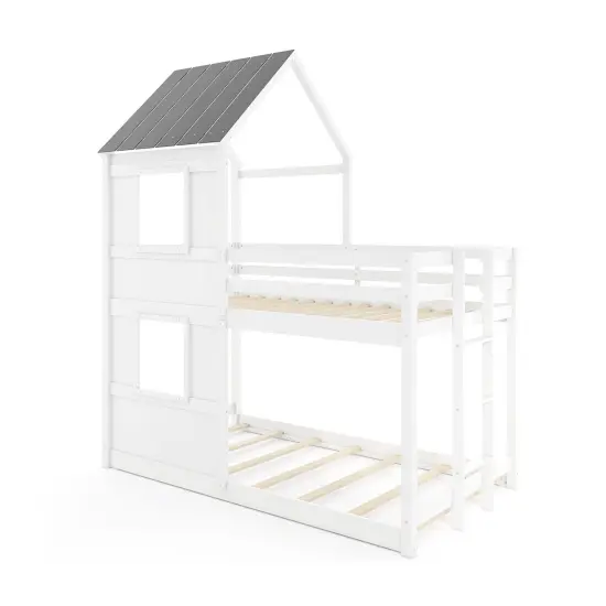 WoodenTwin Over Twin Bunk Bed with Full-length Safety Guardrail and Ladder-White and Gray {3}