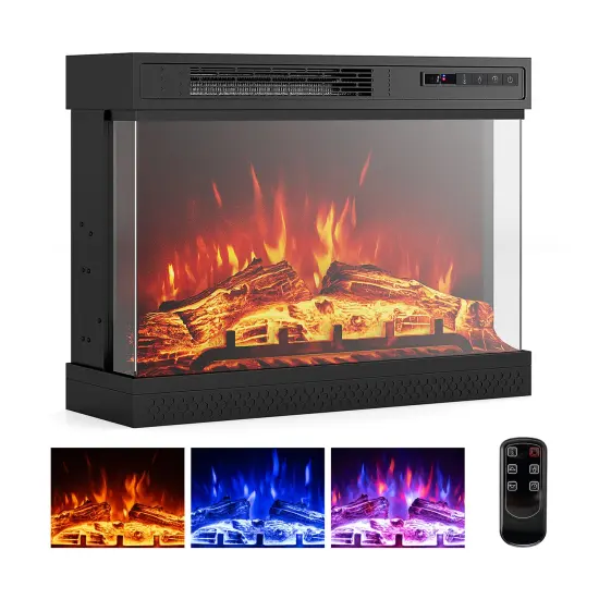 Black 24 Inches 3-Sided Glass Electric Fireplace Heater with Remote Control {4}