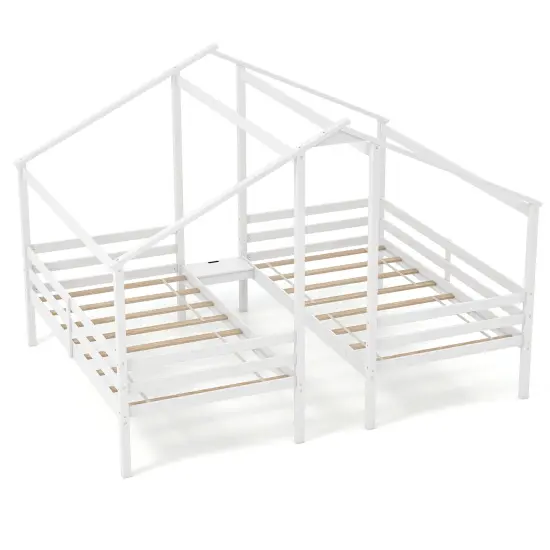 Double Twin Size Wooden Bed Frames with Built-in Table for Kids-White {1}
