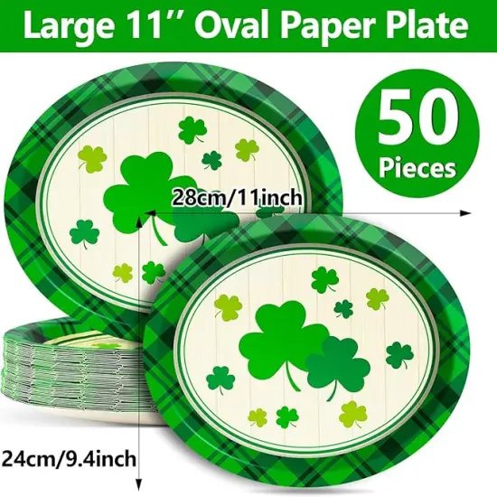 50 Pcs St. Patrick&rsquo;s Day Party Oval Paper Plates 11inch Large Green Shamrocks Platters, Wood Grain Dish Tray for Irish Party Supplies St. Patrick&rsquo;s Day Party Decor Dinner Party Tableware {2}