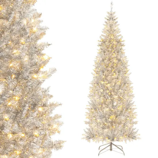 Pre-Lit Artificial Silver Tinsel Xmas Tree with 790 Branch Tips and 300 LED Lights {3}