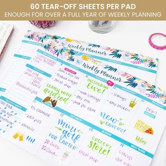 bloom daily planners Planning Pad, 8.5" x 11", Horizontal Weekly Planner, Teal Floral {4}