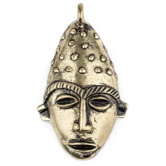 The Bead Chest Elongated African Brass Mask Pendant (50x90mm): Genuine West African Mask Design for DIY Jewelry & Necklaces {1}