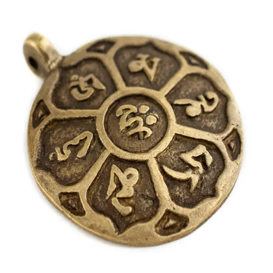 The Bead Chest Antiqued Brass Circular Om Mani Padme Hum Pendant 60x50mm Large Hole {3}